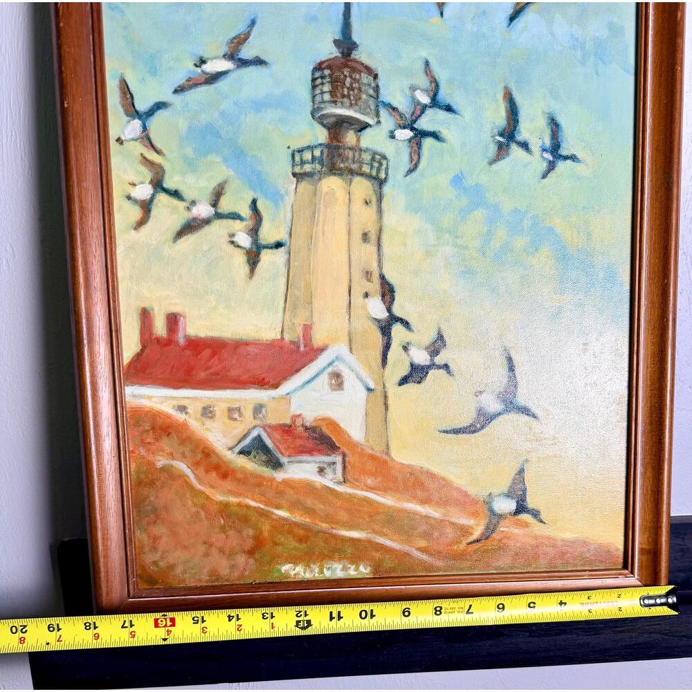 Vintage Original Lighthouse Painting Flying Seabirds Signed Coastal Wall Decor - Picture 12 of 14